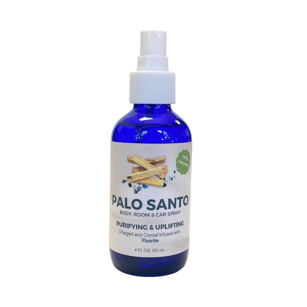 Palo Santo Essential Oil Spray with Fluorite Crystals on altar sacred space