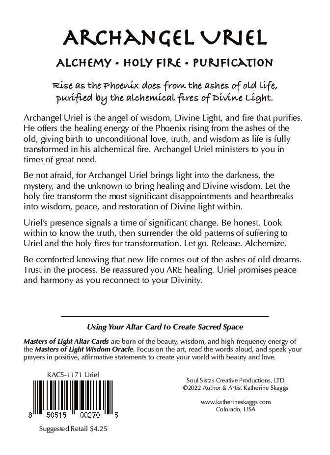 Back of Archangel Uriel altar card with spiritual message about alchemy, purification, and transformation through divine light
