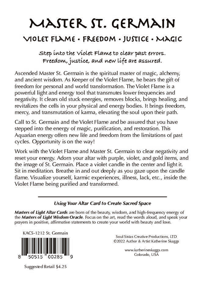 Back of Ascended Master St. Germain altar card with guided teachings on the Violet Flame, including meditation instructions, energy clearing, karmic transmutation, spiritual transformation, and awakening through sacred fire light