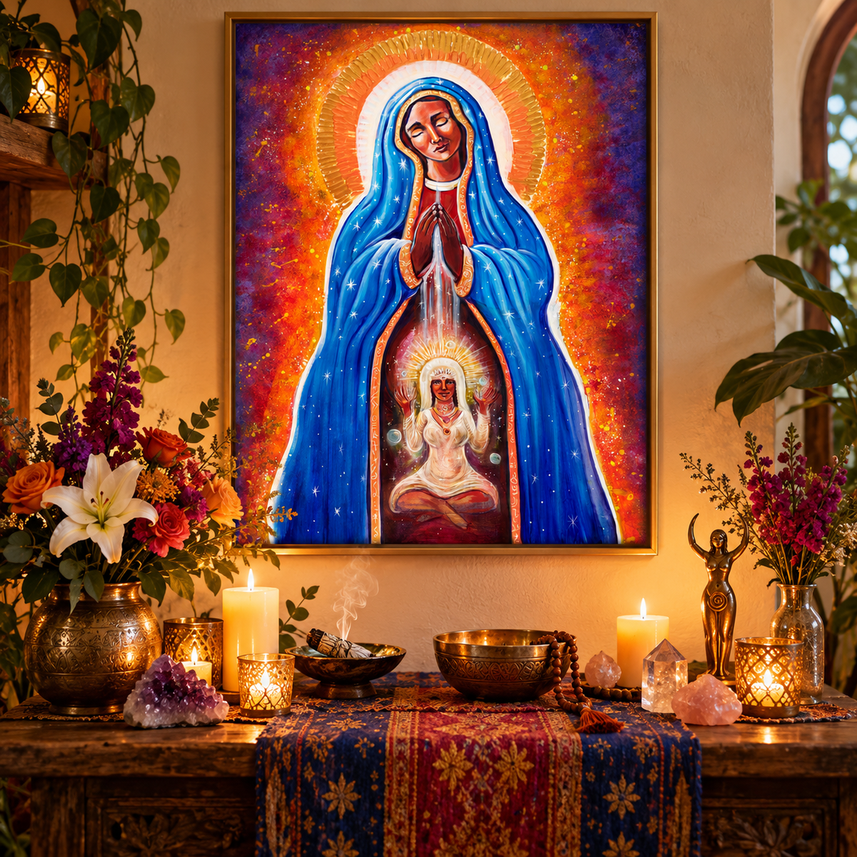 A framed religious wall art piece depicting Mary of the Stars (Mother Mary) in a vibrant blue cloak with a radiant halo, displayed above a decorated altar with candles, flowers, crystals, and metallic bowls in a warm indoor setting, painted by Katherine Skaggs