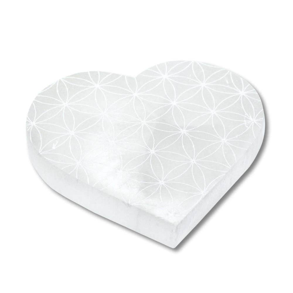 selenite heart flower of life charging plate 4 inch diameter white background
