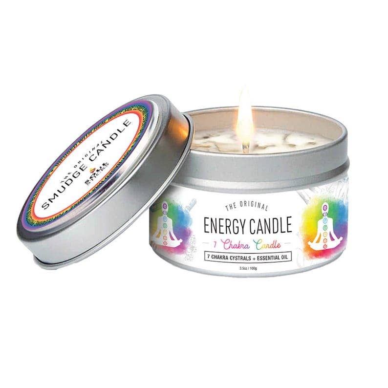 Energy candle in a tin with colorful label on a white background