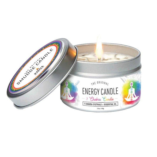 Energy candle in a tin with colorful label on a white background