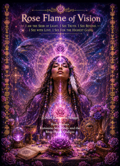 A mystical poster or art print titled 'Rose Flame of Vision' featuring a central woman with glowing purple energy at her forehead and chest, surrounded by cosmic swirls, roses, crystals, an eagle, and ornate gold decorative borders.