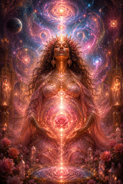 A surreal fantasy artwork of a pregnant woman in ornate robes, surrounded by glowing cosmic swirls, stars, crystals, and roses, with a radiant vertical light emanating from her belly and upward toward the center.