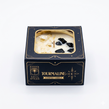 Black tourmaline candle in a decorative box with 'Soul Sticks' branding on a white background