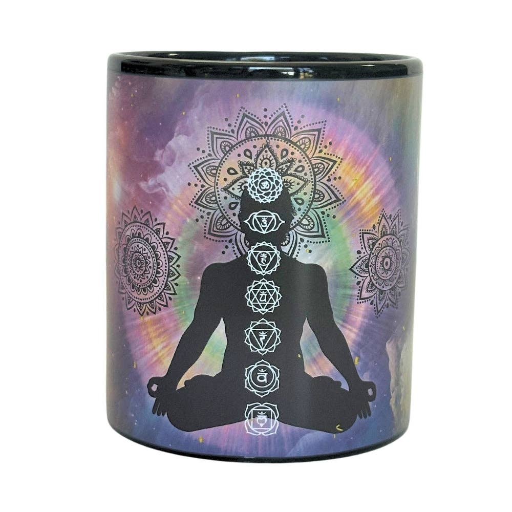 Chakra Art Mug with a design of a meditating figure and mandalas on a colorful background