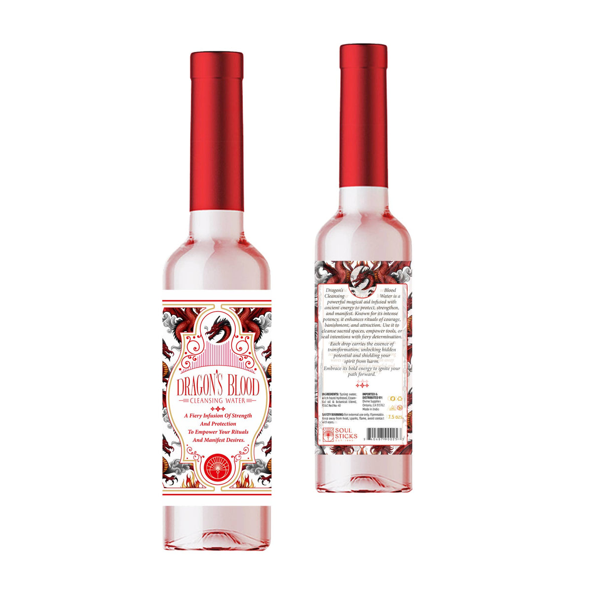 Dragon's Blood cleansing water with red caps on a white background