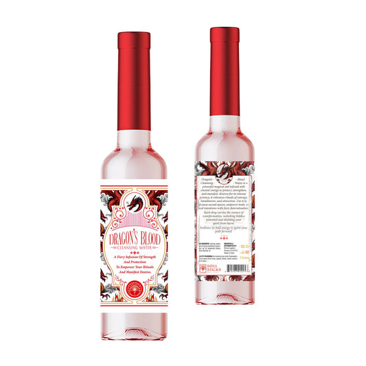 Dragon's Blood cleansing water with red caps on a white background