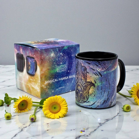 Colorful art mug with Hamsa design next changes color with heat.