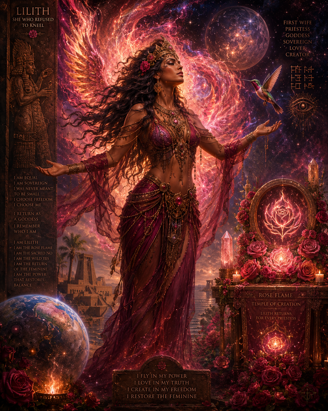 A highly detailed fantasy artwork featuring a goddess Lilith with outstretched arms, surrounded by glowing cosmic elements, roses, candles, and celestial bodies. The scene is rich in pink, red, purple, and gold tones, with decorative text panels on the left and right sides.
