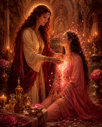A dramatic fantasy scene showing two women in ornate robes within a candlelit temple-like interior. One standing woman in cream and deep red drapery extends her hand toward a kneeling woman in pink robes, with glowing pink light between them and scattered rose petals in the air.