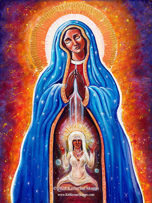 A colorful religious painting of Mary of the Stars by Katherine Skaggs—She is in prayerful expression with a radiant blue cloak, gold halo, and a smaller figure of the Divine Feminine reflected in the lower center, set against a fiery orange and purple cosmic background. A watermark at the bottom reads Katherine Skaggs.