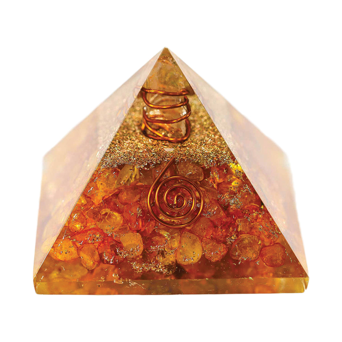 Organite citrine and copper Pyramid-with copper spiral designs on a white background