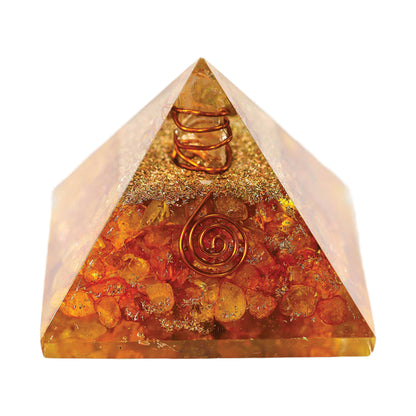 Organite citrine and copper Pyramid-with copper spiral designs on a white background