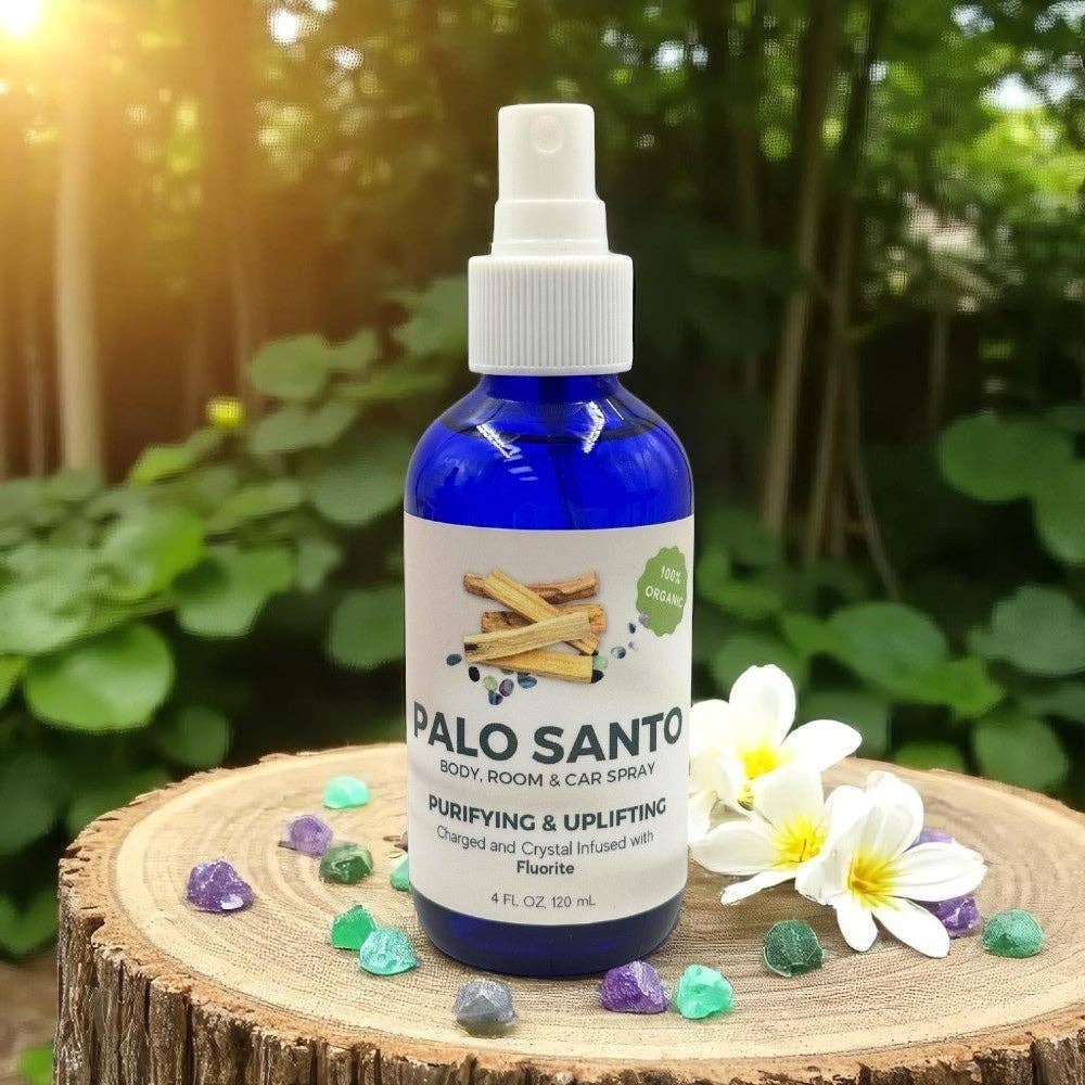 Palo Santo Essential Oil Spray with Fluorite Crystals close up fluorite stones