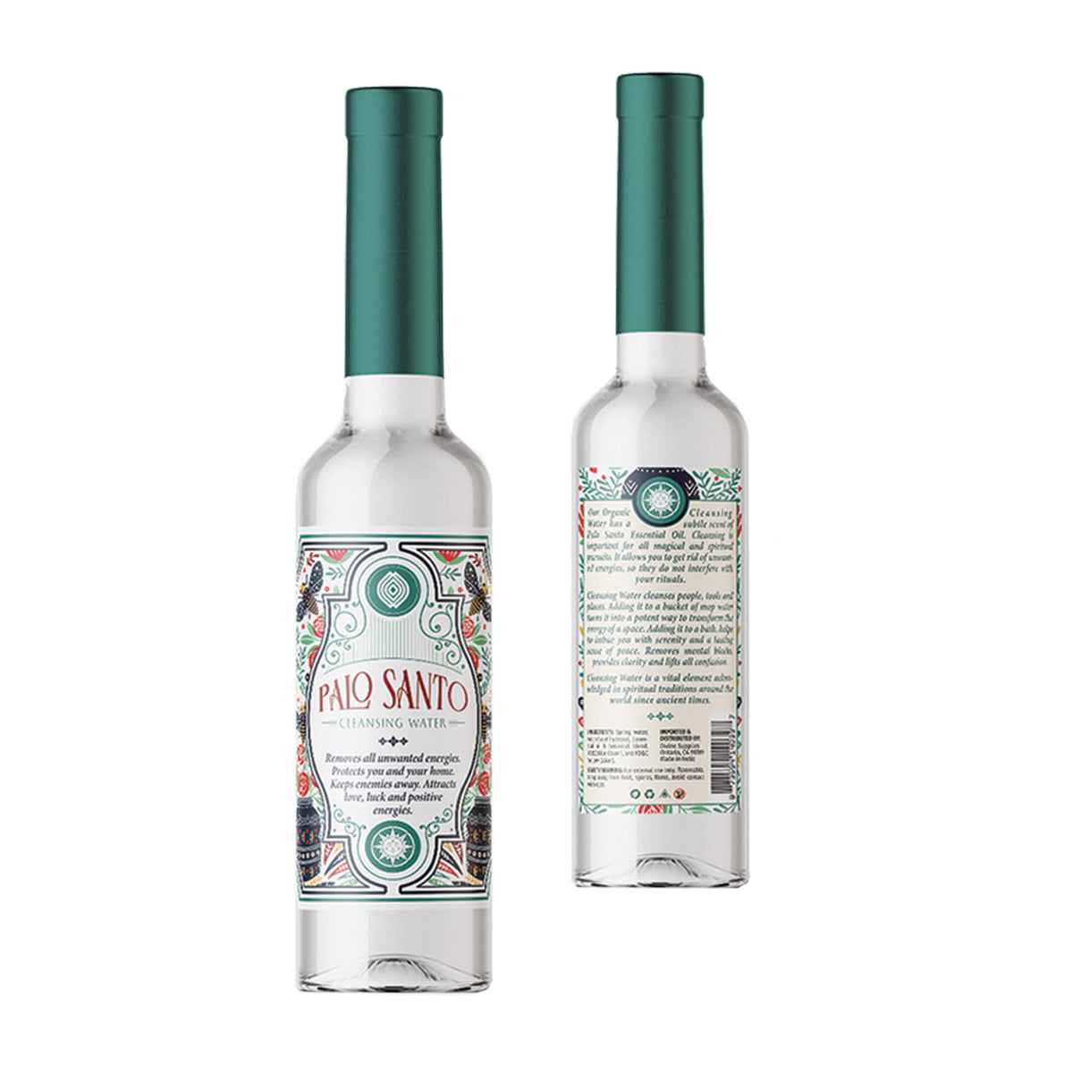Two bottles of Palo Santo water with decorative labels on a white background