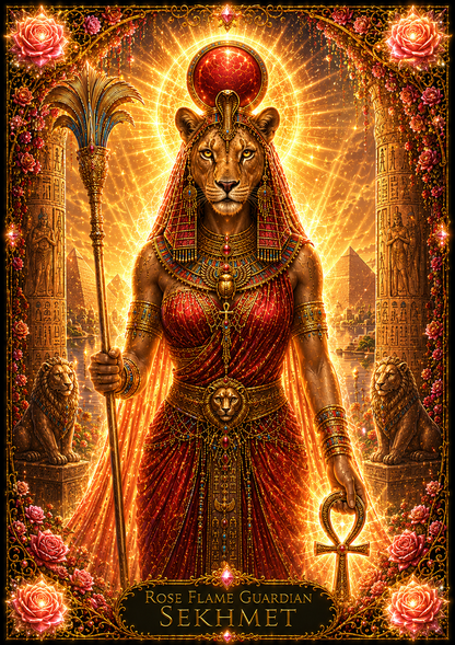 Rose flame guardina Sekhmet stands in her beauty and radiance for restoring power, and sovereignty.