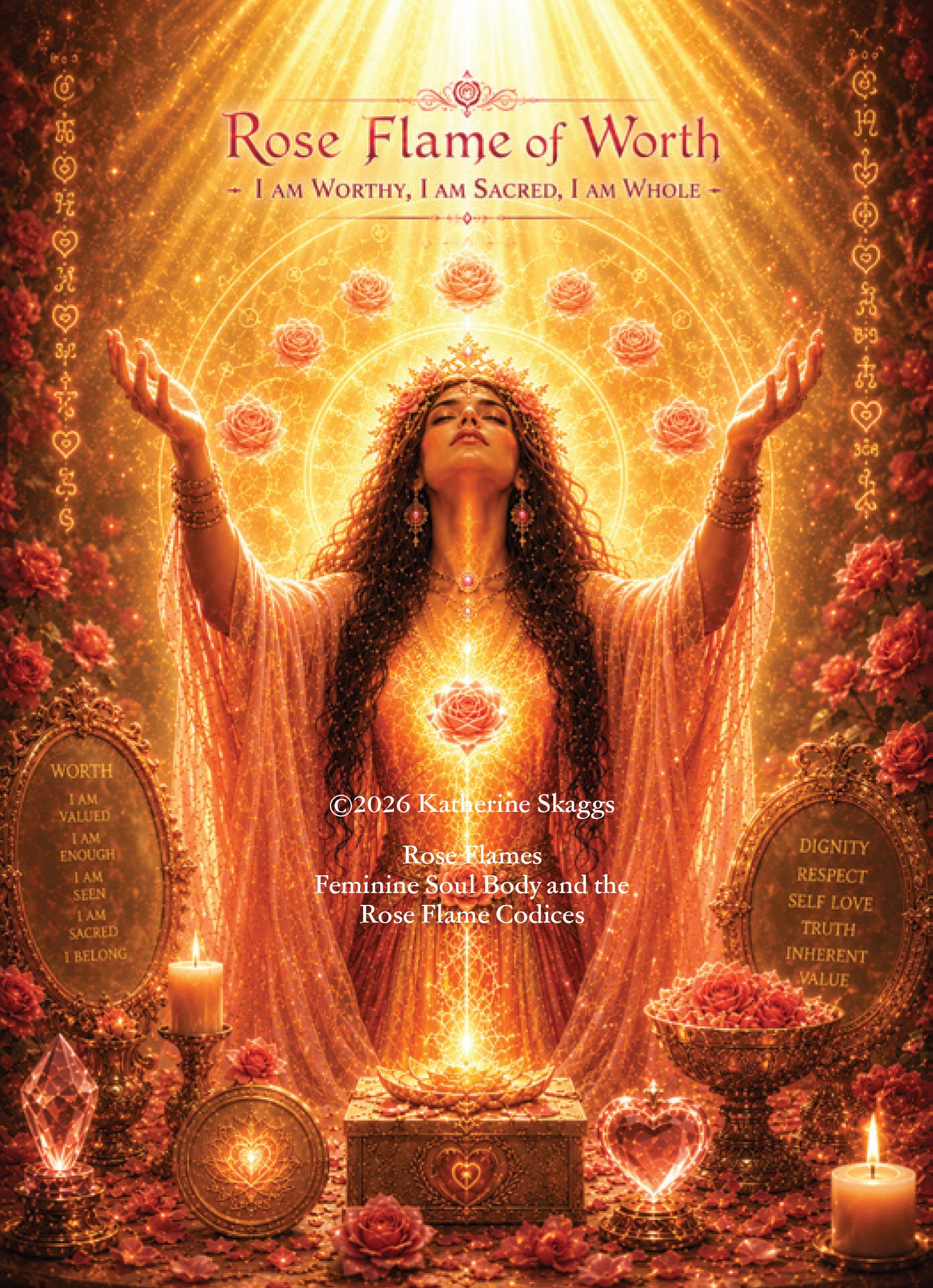 A highly detailed, symmetrical digital illustration for 'Rose Flame of Worth' by Katherine Stagges. It depicts a woman with long dark hair in a golden robe, with her arms raised in worship, surrounded by radiant gold light rays, floating roses, candles, crystals, and rose petals.