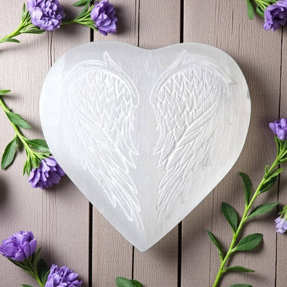 Selenite heart with angel wings 3x3"