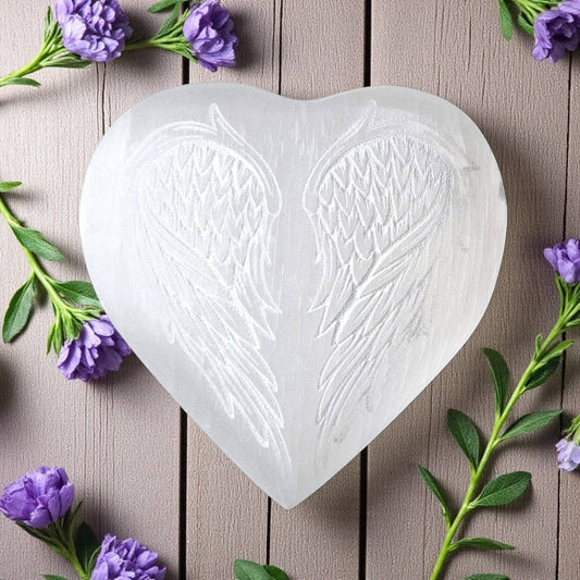 Selenite heart with angel wings 3x3"