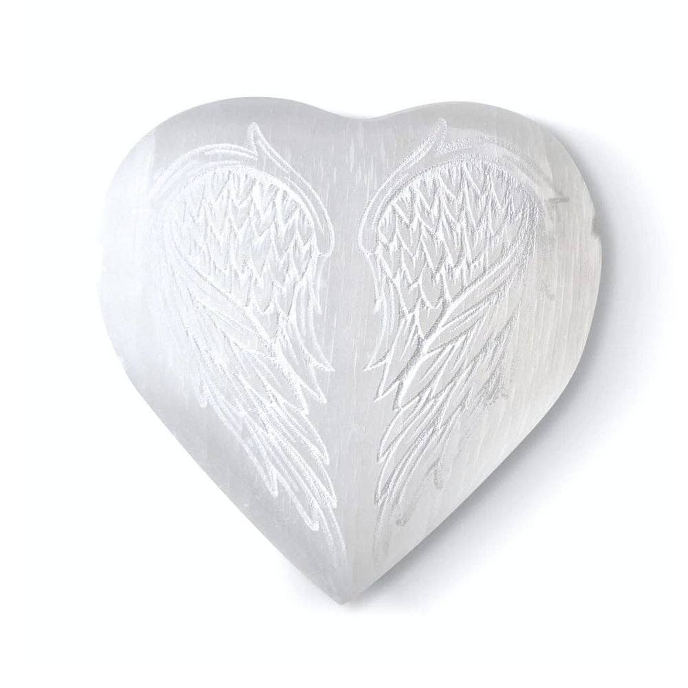 Selenite heart with angel wings held 3x3 inches on white background