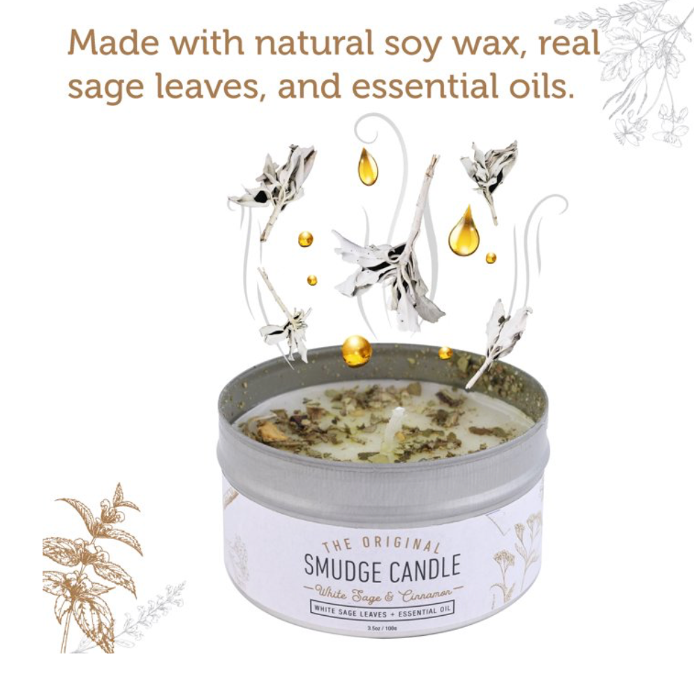 A tin candle labeled 'The Original Smudge Candle' with soy wax and visible botanical pieces floating above the open tin. Text at the top reads, 'Made with natural soy wax, real sage leaves, and essential oils.
