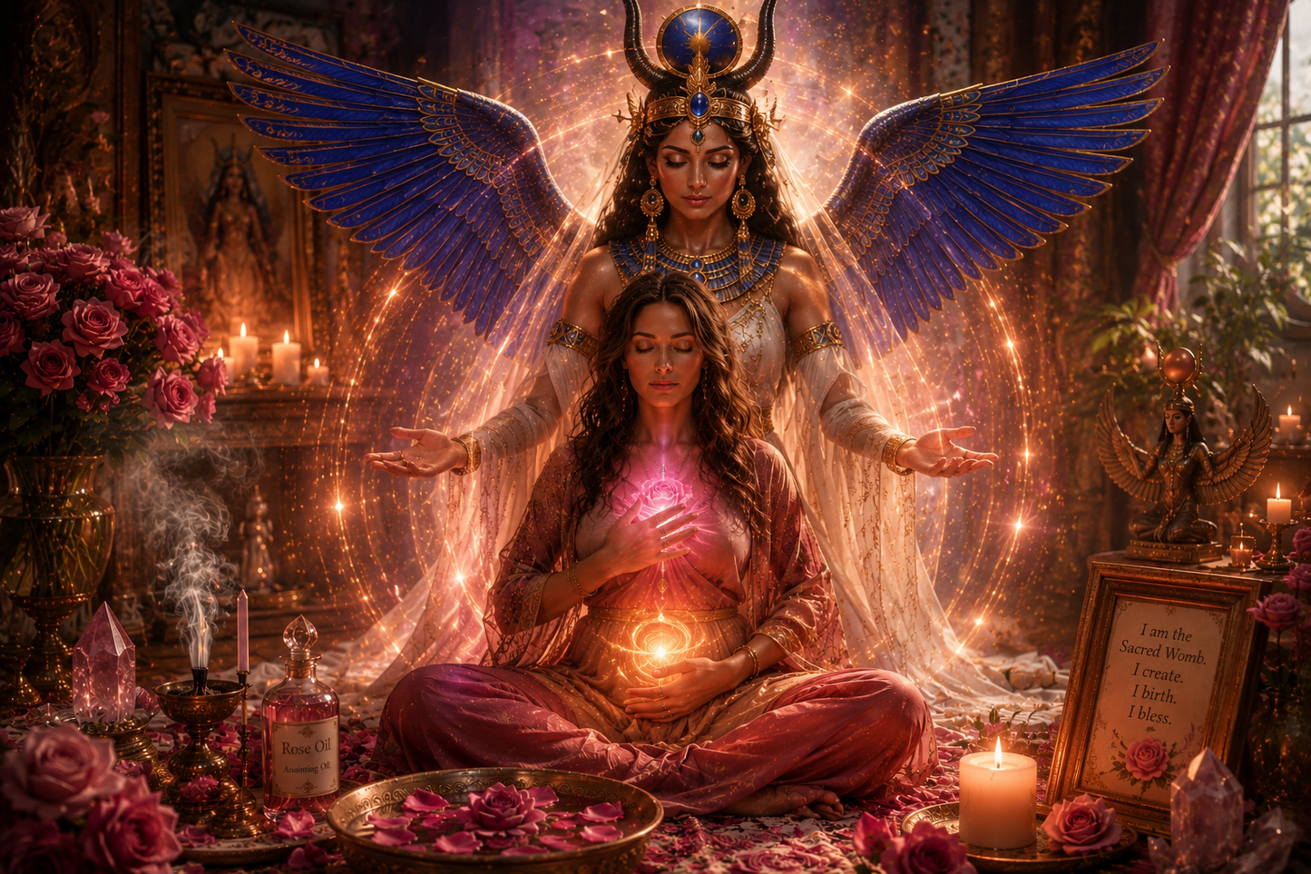 A mystical spiritual scene showing a seated woman in pink robes meditating while holding a glowing orb, with a larger winged female figure behind her in ornate ceremonial attire. The setting is a candlelit, decorated interior with roses, crystals, incense, and magical props, creating a highly detailed fantasy altar atmosphere.