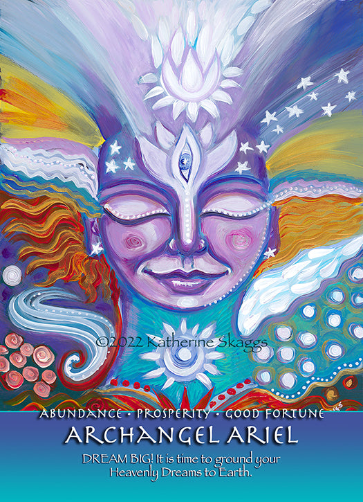 Archangel Ariel altar card featuring a radiant angel surrounded by nature symbols, representing abundance, prosperity, and manifestation energy