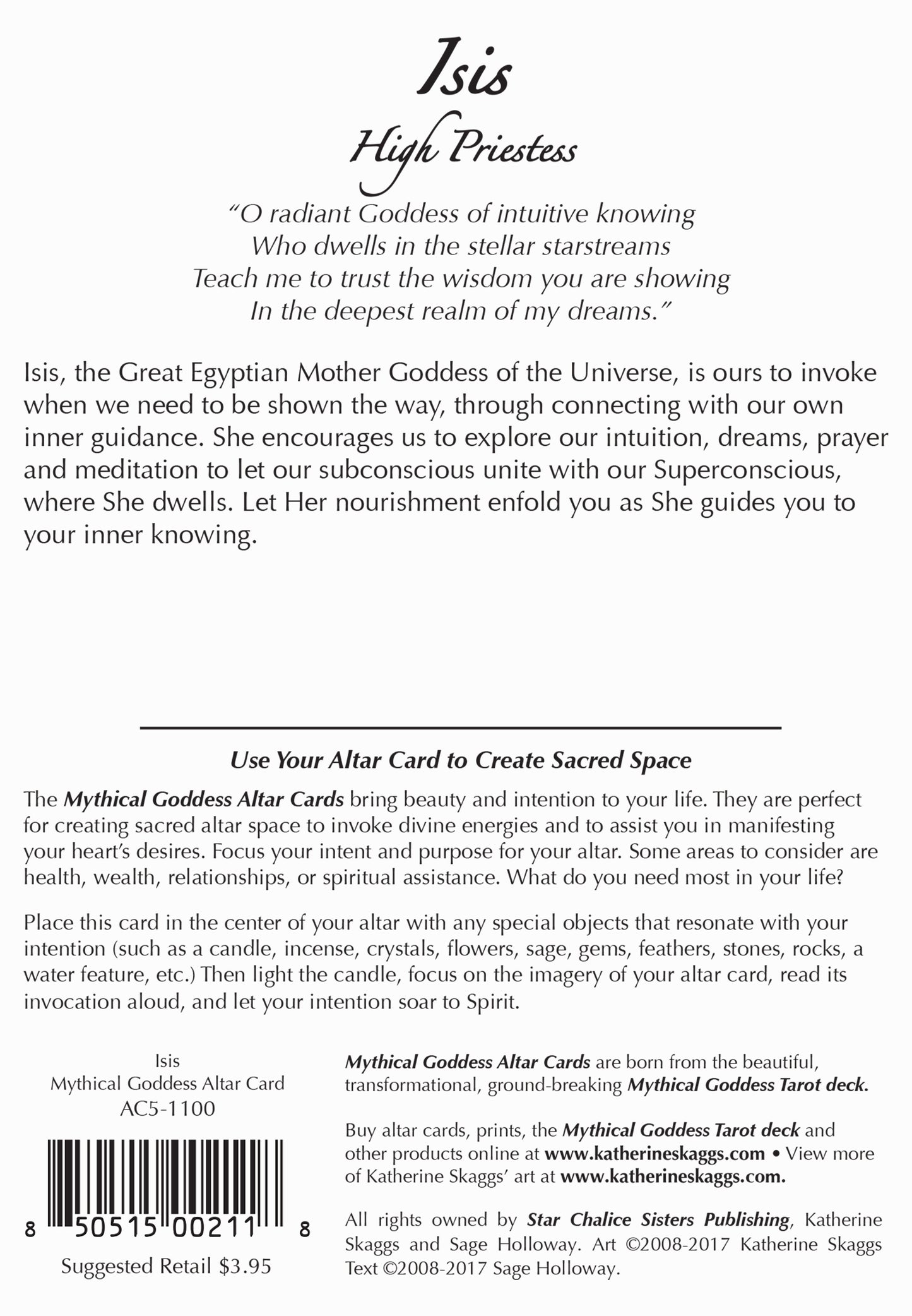 Egyptian Goddess Isis Altar Card back by Katherine Skaggs and Sage Holloway