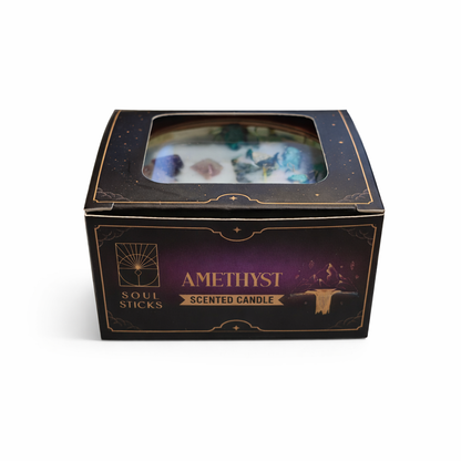 Amethyst scented smudge candle in a decorative box with 'Soul Sticks' branding.