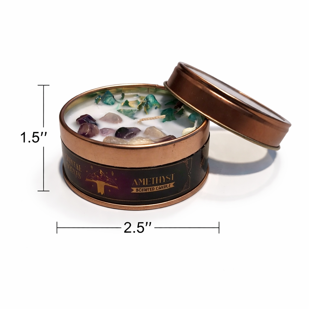 Amethyst scented smudge candle in a tin with dimensions displayed