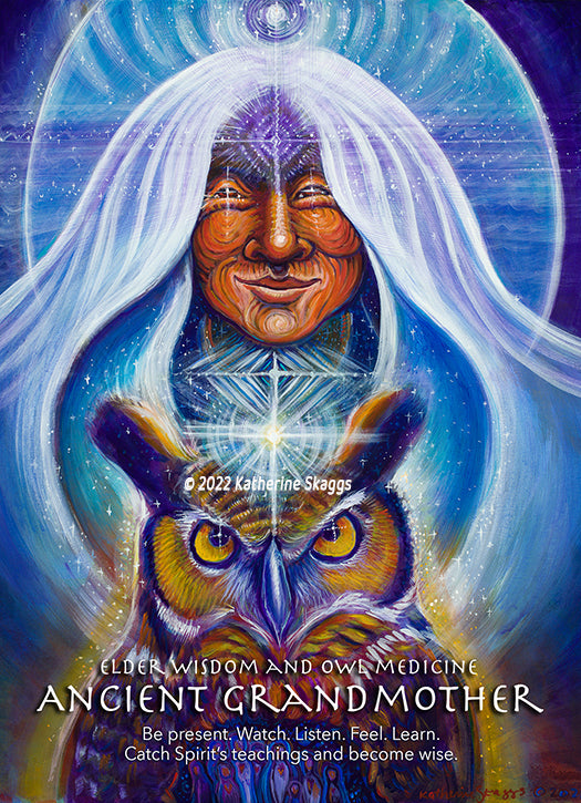 Ancient Grandmother Owl Medicine 5x7" altar card for sacred space and spiritual guidance by Katherine Skaggs.