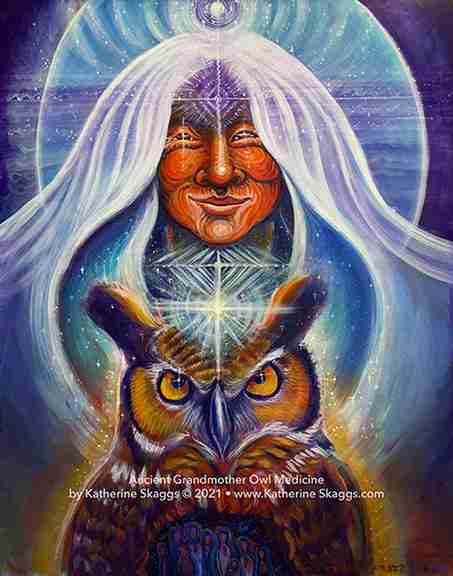 Ancient Grandmother Owl Medicine spiritual art print with owl and ancestral feminine wisdom by Katherine Skaggs.