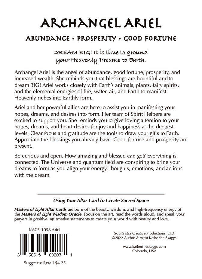 Back of Archangel Ariel altar card with spiritual message about abundance, prosperity, and manifesting dreams into reality, by Katherine Skaggs