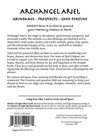 Back of Archangel Ariel altar card with spiritual message about abundance, prosperity, and manifesting dreams into reality, by Katherine Skaggs