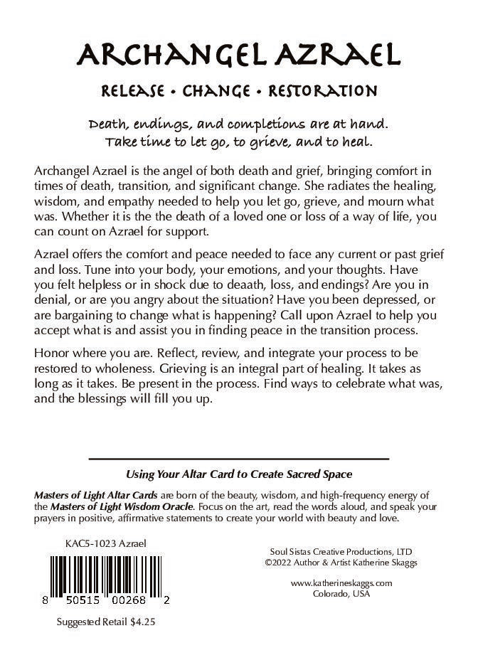 Back of Archangel Azrael altar card with spiritual guidance text on grief support, emotional healing, life transitions, release, acceptance, and restoration. Includes reflective instructions for meditation, journaling, and sacred space use to support comfort and inner peace during loss and change.