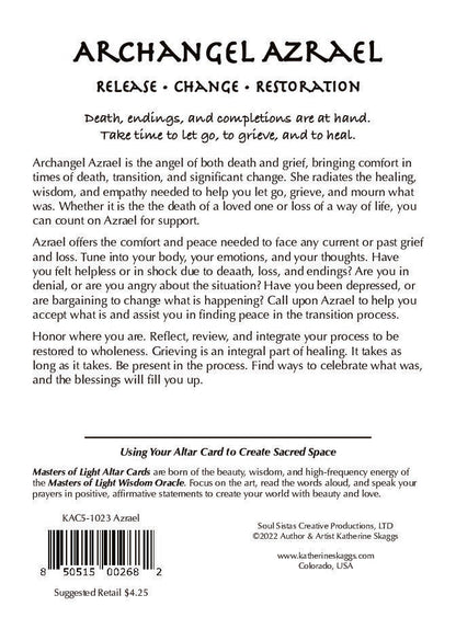 Back of Archangel Azrael altar card with spiritual guidance text on grief support, emotional healing, life transitions, release, acceptance, and restoration. Includes reflective instructions for meditation, journaling, and sacred space use to support comfort and inner peace during loss and change.