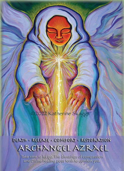 Archangel Azrael altar card featuring a spiritual design for grief, loss, and transition support. 5x7 inch printed card on premium cardstock with text describing Archangel Azrael as an angel of death and transformation, offering comfort, healing, and guidance through emotional change and life transitions.
