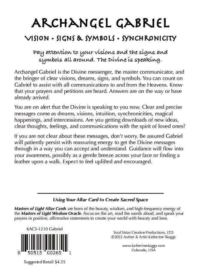 Back of Archangel Gabriel altar card featuring printed spiritual guidance text about divine communication, signs, synchronicity, intuition, dreams, and angelic messages. Includes reflective teachings, affirmations, and instructions for meditation and spiritual awareness to support connection with higher guidance and messages from the Divine.