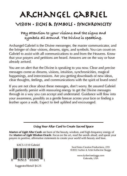 Back of Archangel Gabriel altar card featuring printed spiritual guidance text about divine communication, signs, synchronicity, intuition, dreams, and angelic messages. Includes reflective teachings, affirmations, and instructions for meditation and spiritual awareness to support connection with higher guidance and messages from the Divine.