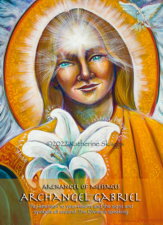 Front of Archangel Gabriel altar card featuring spiritual oracle artwork representing divine communication, vision, signs, and synchronicity. 5x7 inch card printed on 16pt cardstock with Archangel Gabriel theme symbolizing messages from the Divine, intuition, dreams, and spiritual guidance.