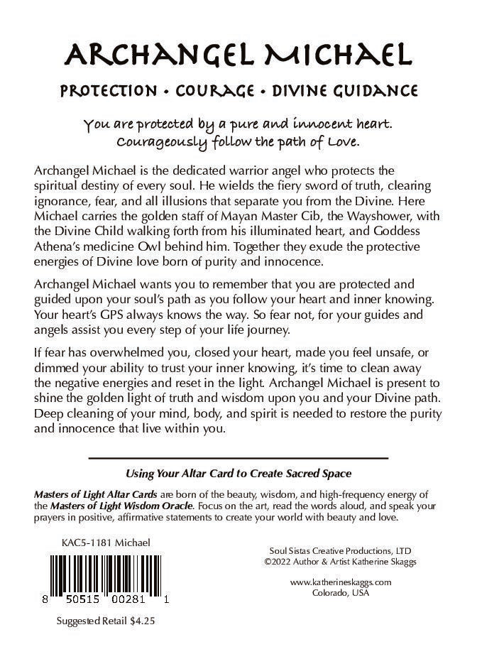 Archangel Michael altar card back text describing protection, courage, and divine guidance with spiritual message and affirmation Katherine Skaggs