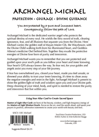 Archangel Michael altar card back text describing protection, courage, and divine guidance with spiritual message and affirmation Katherine Skaggs