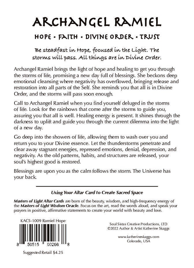 Archangel Ramiel altar card back text describing hope, faith, and divine order with spiritual guidance message for emotional healing and restoration