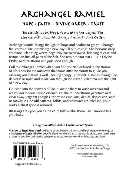 Archangel Ramiel altar card back text describing hope, faith, and divine order with spiritual guidance message for emotional healing and restoration