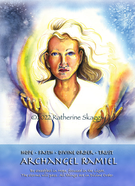 rchangel Ramiel altar card artwork symbolizing hope, faith, and divine order, representing healing through emotional storms and spiritual guidance