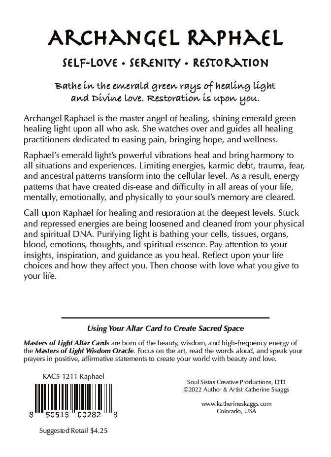 text side of Archangel Raphael oracle card featuring message of emotional healing, serenity, and spiritual renewal