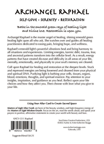 text side of Archangel Raphael oracle card featuring message of emotional healing, serenity, and spiritual renewal
