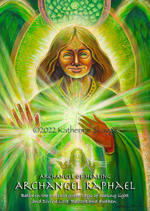 Archangel Raphael altar card artwork representing healing energy, emotional balance, and divine restoration through emerald light